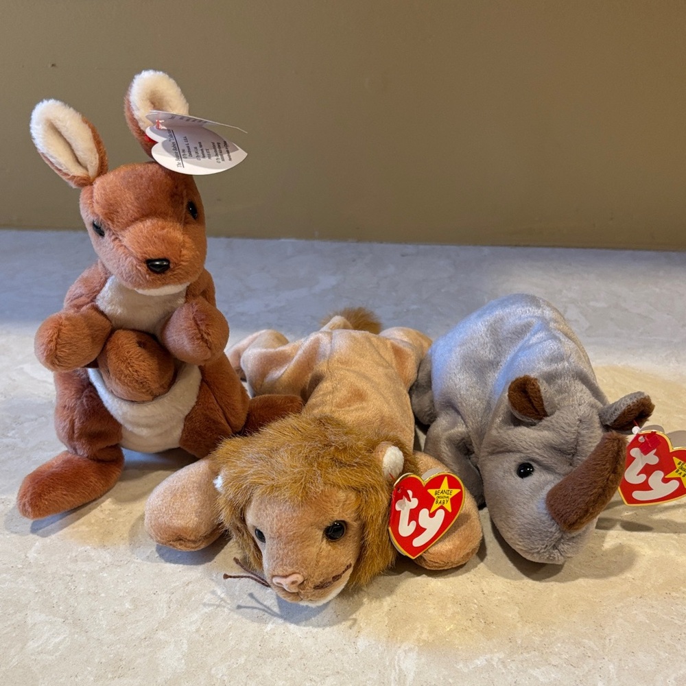 Ty Beanie Babies Plush Trio - Kangaroo, Lion, Rhino